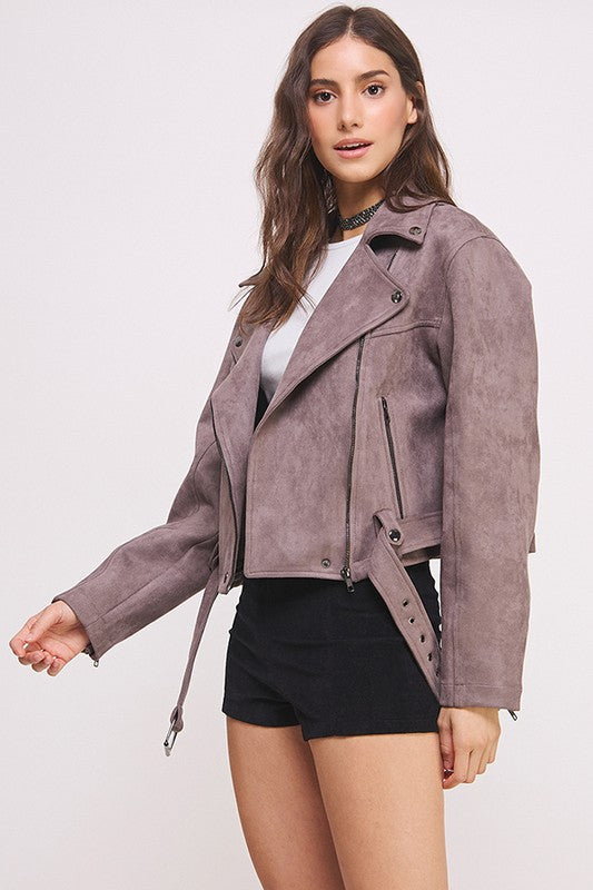 Ester | PLUS LONG SLEEVE SUEDE MOTOR JACKET WITH BELT AND ZIPPER