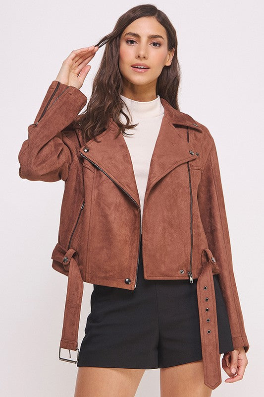 Ester | PLUS LONG SLEEVE SUEDE MOTOR JACKET WITH BELT AND ZIPPER