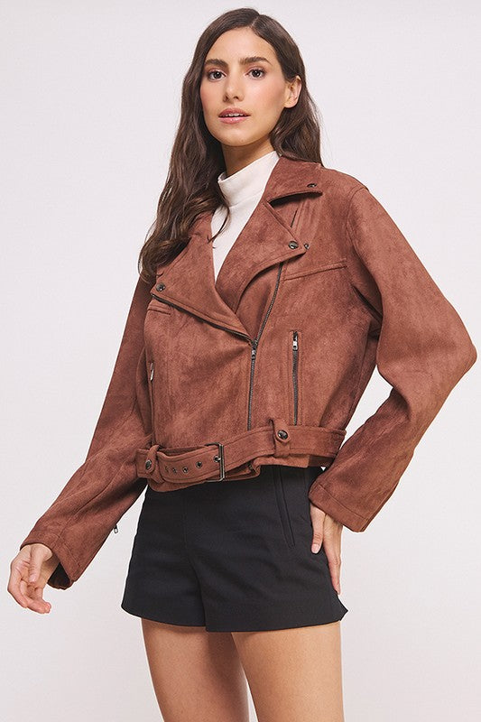Ester | PLUS LONG SLEEVE SUEDE MOTOR JACKET WITH BELT AND ZIPPER