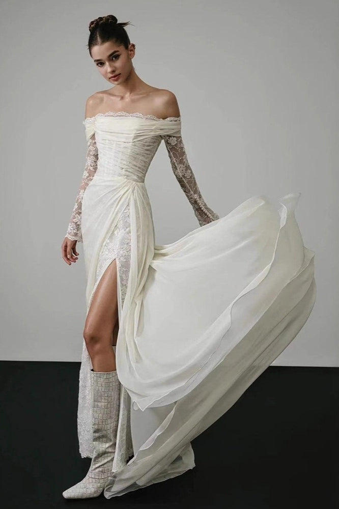 Long Sleeve Lace Off Shoulder Reception Dress