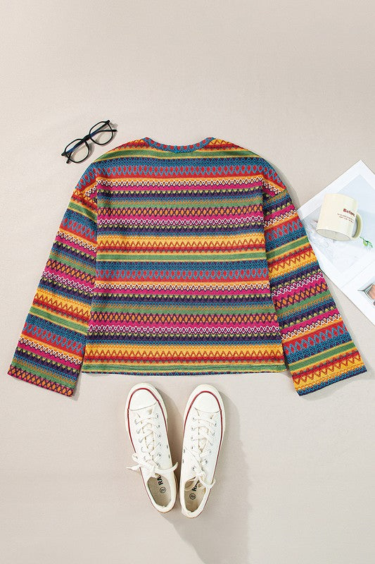 Ilona | Multicolor jacquard geo long sleeve t-shirt