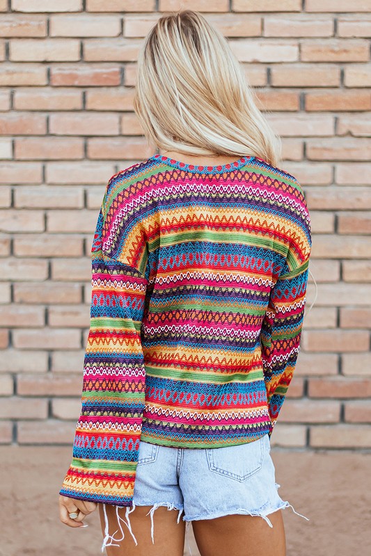 Ilona | Multicolor jacquard geo long sleeve t-shirt