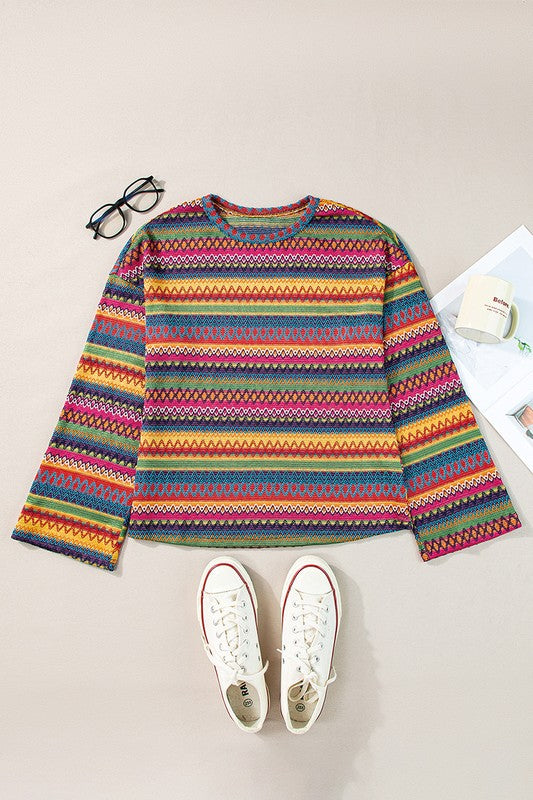 Ilona | Multicolor jacquard geo long sleeve t-shirt