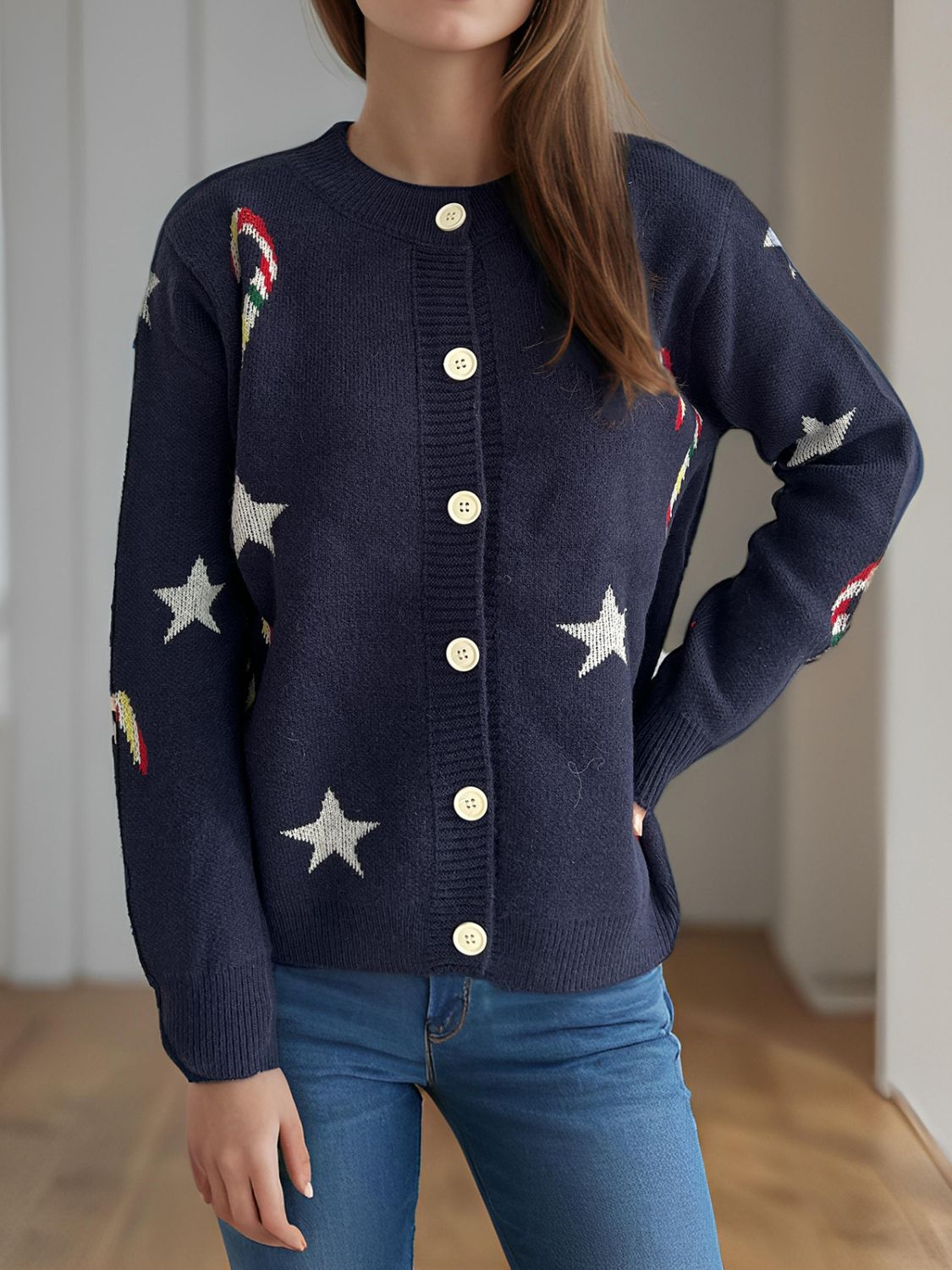 Justina | Candy Cane & Star button-front long-sleeved cardigan.