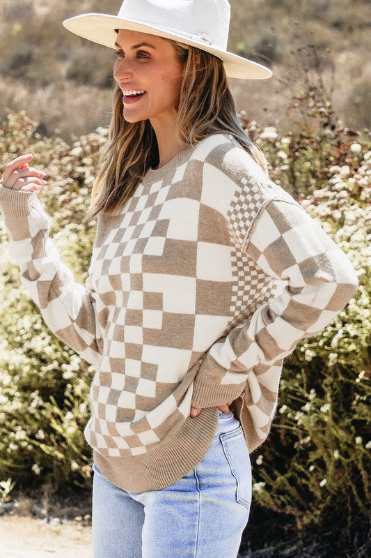 Petra | Checked crew neck sweater with dropped shoulders