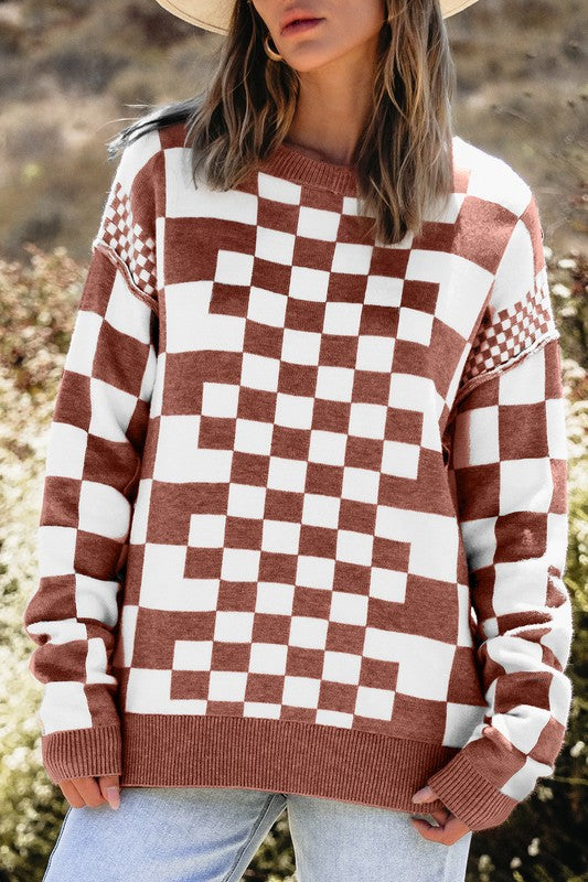 Petra | Checked crew neck sweater with dropped shoulders