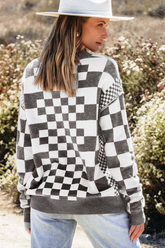 Petra | Checked crew neck sweater with dropped shoulders