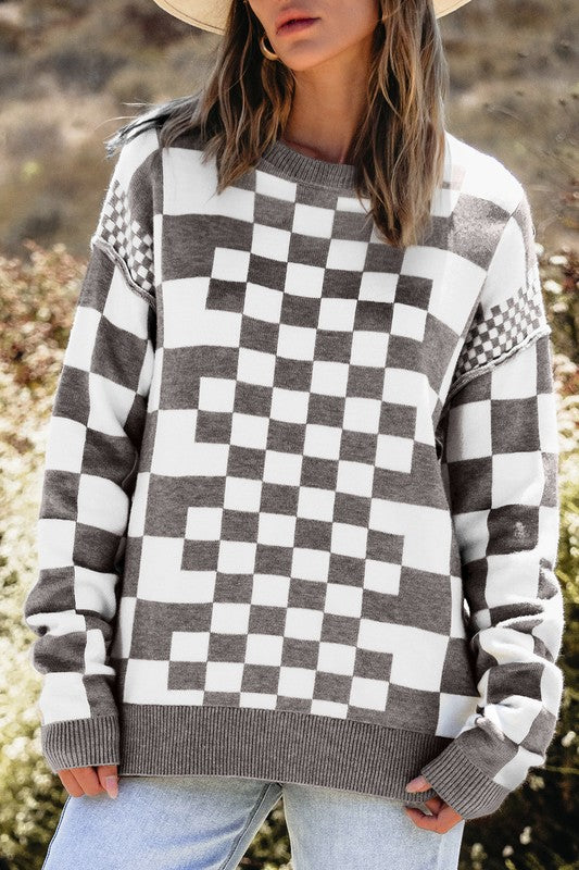 Petra | Checked crew neck sweater with dropped shoulders