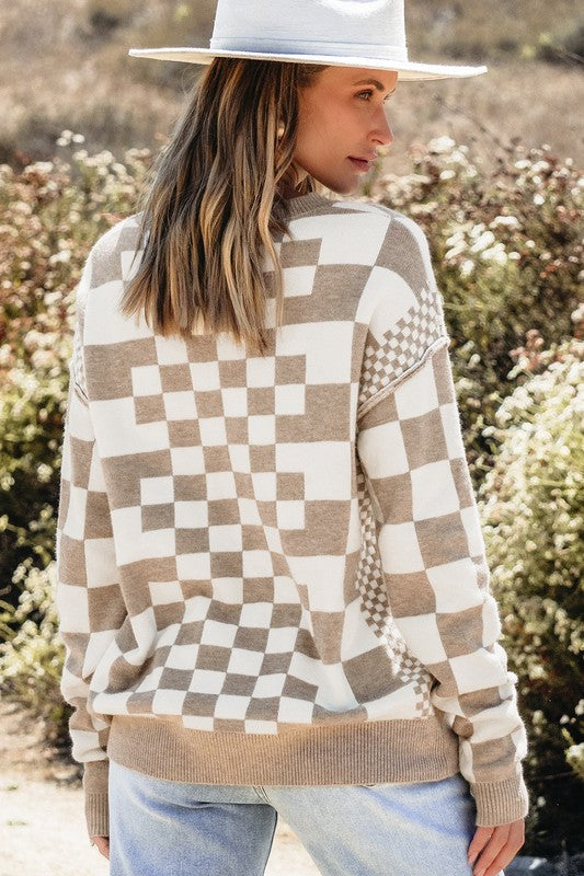 Petra | Checked crew neck sweater with dropped shoulders