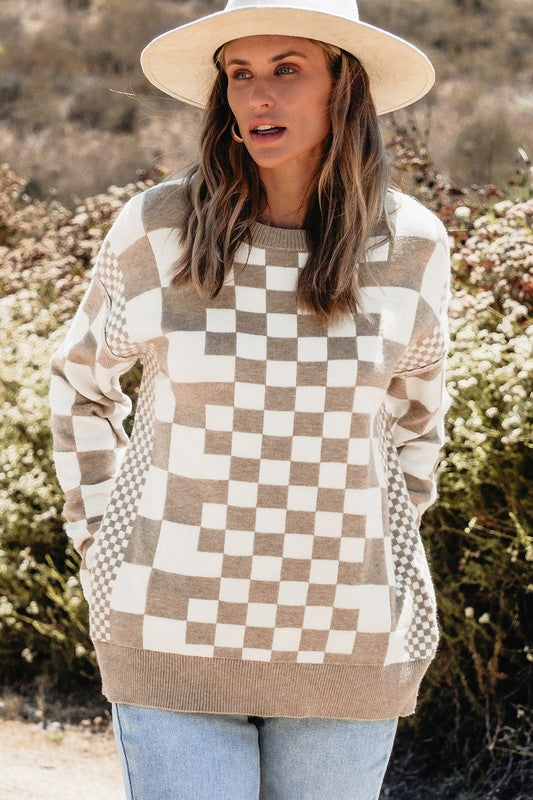 Petra | Checked crew neck sweater with dropped shoulders