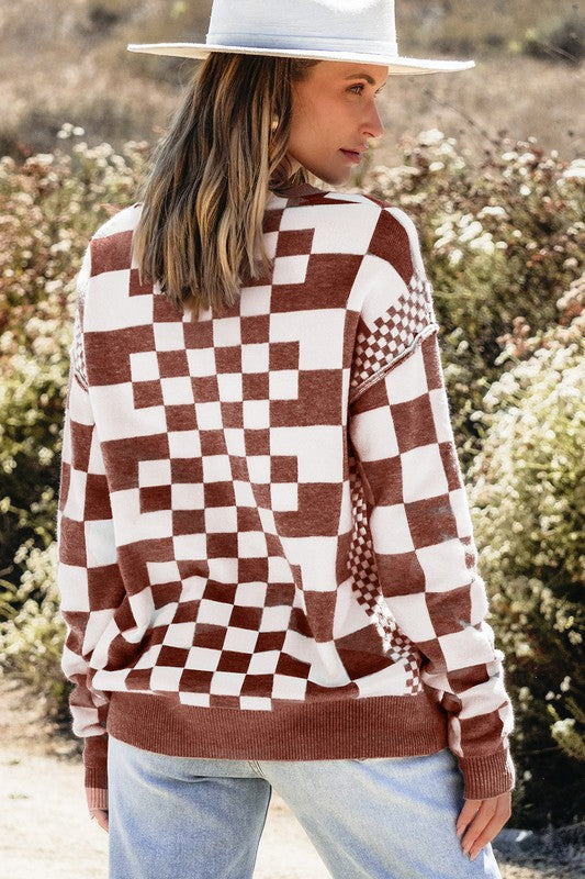 Petra | Checked crew neck sweater with dropped shoulders