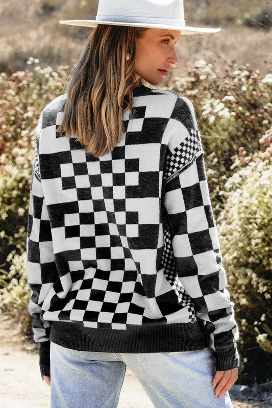 Petra | Checked crew neck sweater with dropped shoulders