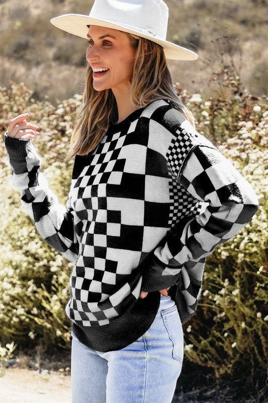 Petra | Checked crew neck sweater with dropped shoulders
