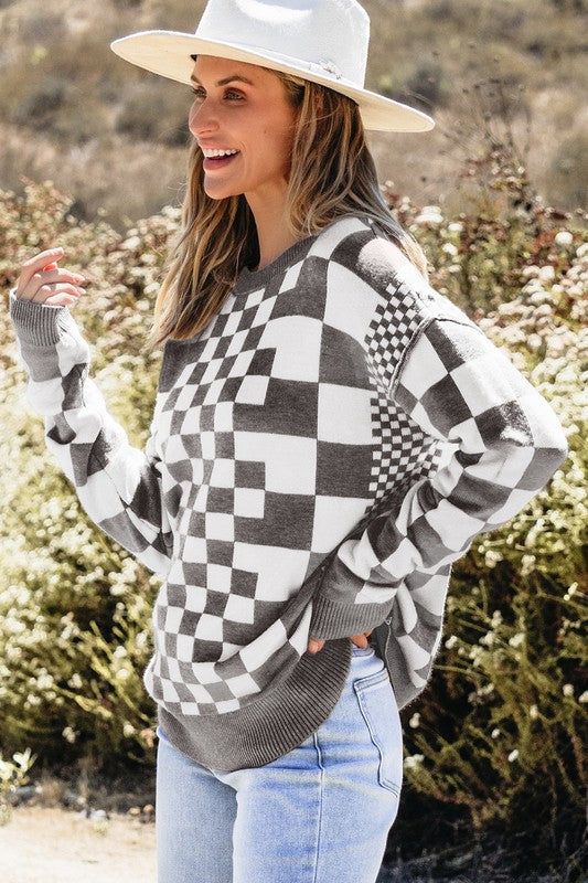 Petra | Checked crew neck sweater with dropped shoulders