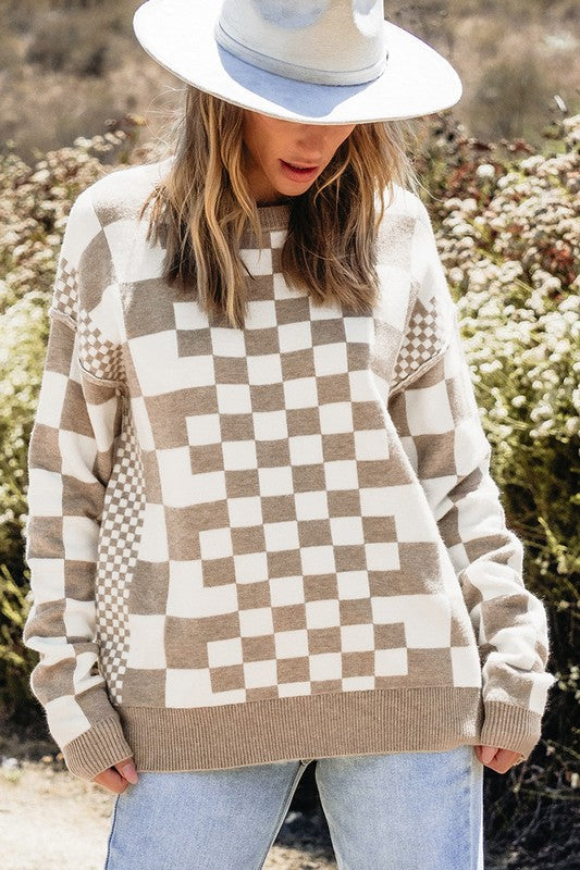 Ilona | Pullover with a checked print and dropped shoulders with a crew neck