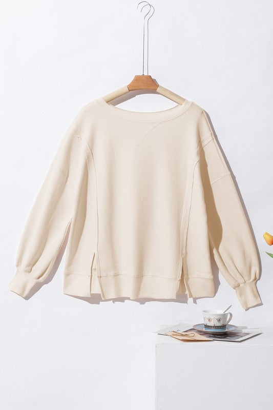 Flavia | Oversized bishop sleeve waffle knit sweatshirt
