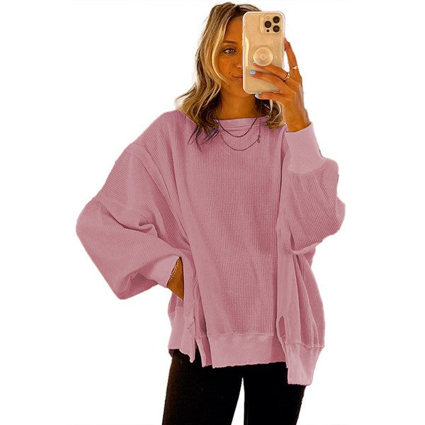 Flavia | Oversized bishop sleeve waffle knit sweatshirt