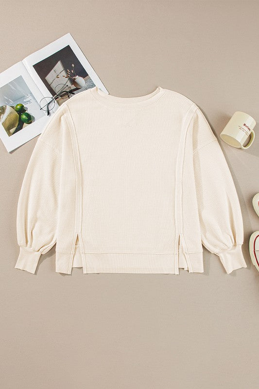 Flavia | Oversized bishop sleeve waffle knit sweatshirt