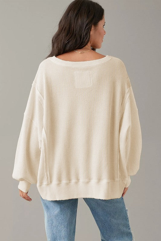 Flavia | Oversized bishop sleeve waffle knit sweatshirt