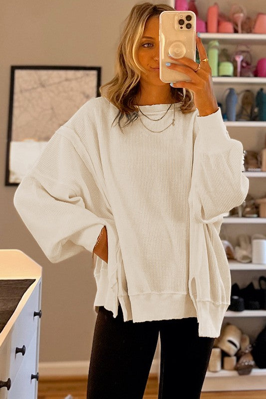 Flavia | Oversized bishop sleeve waffle knit sweatshirt