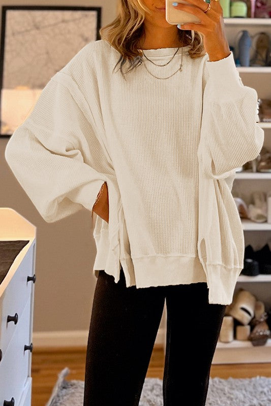 Flavia | Oversized bishop sleeve waffle knit sweatshirt