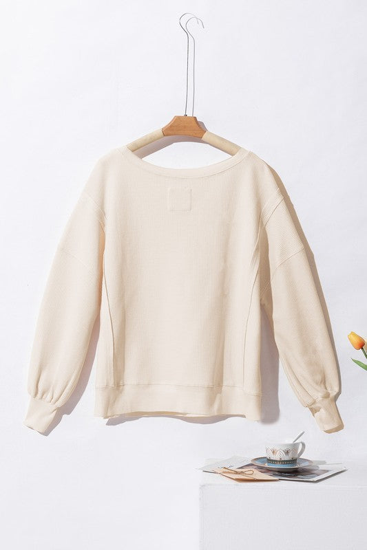 Flavia | Oversized bishop sleeve waffle knit sweatshirt