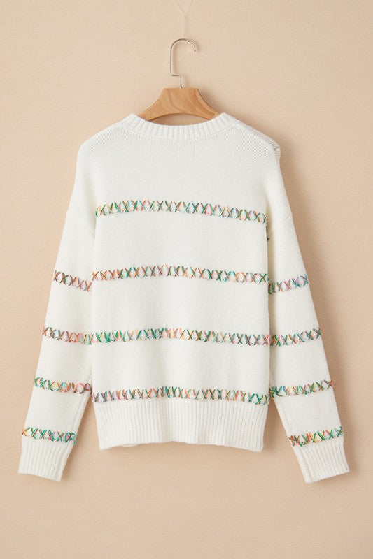 Tatiana | White sweater with crossed seams and dropped shoulders
