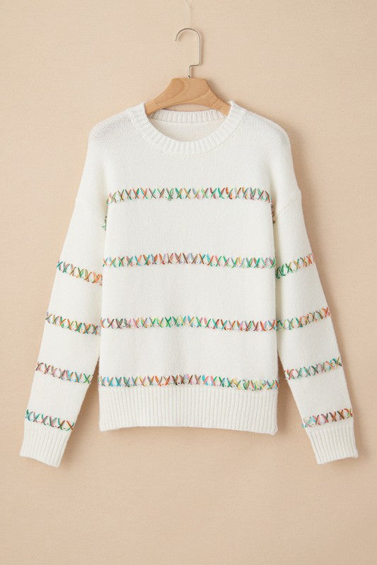 Tatiana | White sweater with crossed seams and dropped shoulders