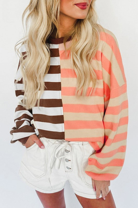 Elsbeth | Striped pullover sweatshirt with color block design on the shoulders