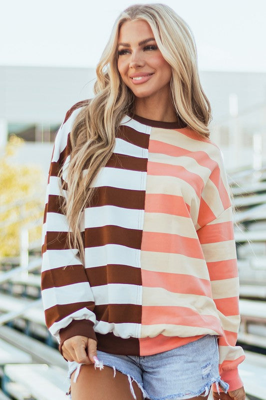 Elsbeth | Striped pullover sweatshirt with color block design on the shoulders