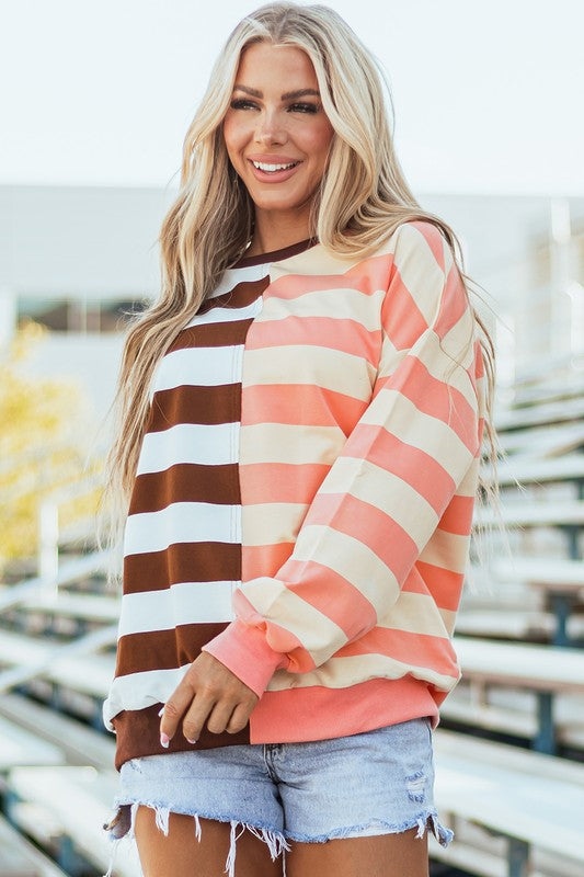 Elsbeth | Striped pullover sweatshirt with color block design on the shoulders