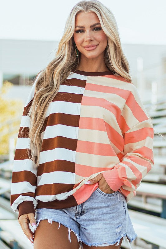 Elsbeth | Striped pullover sweatshirt with color block design on the shoulders