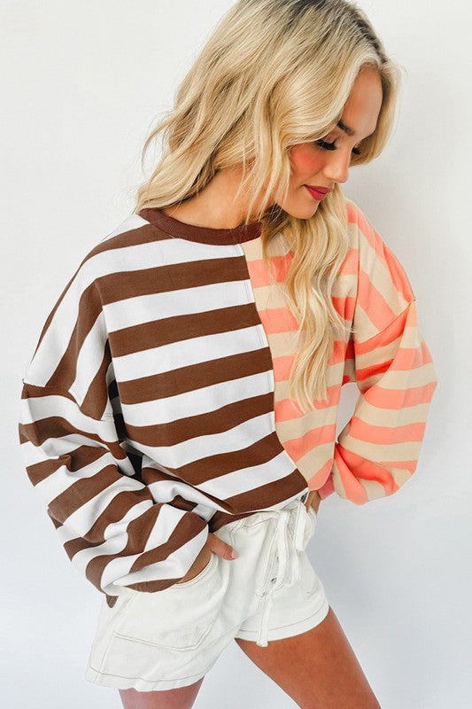 Elsbeth | Striped pullover sweatshirt with color block design on the shoulders