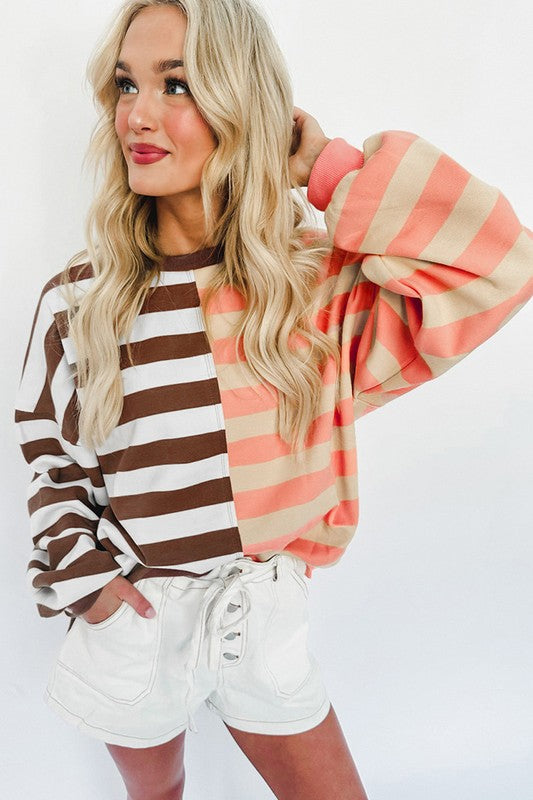 Elsbeth | Striped pullover sweatshirt with color block design on the shoulders