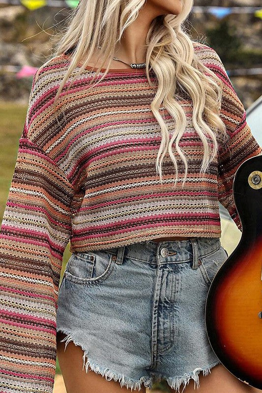 Larisa | Red ethnic striped loose fit long sleeve top