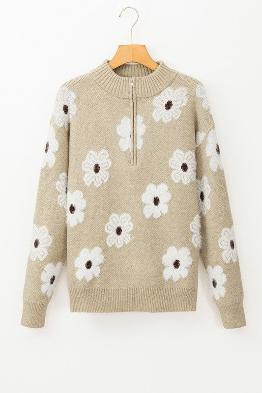 Amelia | Vintage 60s floral pattern sweater with half zip collar