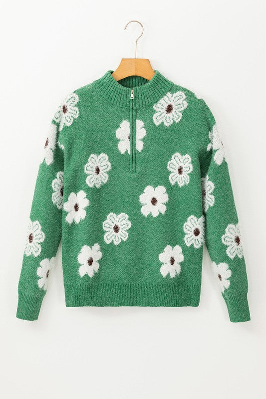 Amelia | Vintage 60s floral pattern sweater with half zip collar