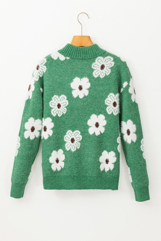 Amelia | Vintage 60s floral pattern sweater with half zip collar