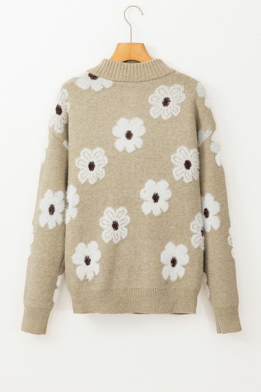 Amelia | Vintage 60s floral pattern sweater with half zip collar