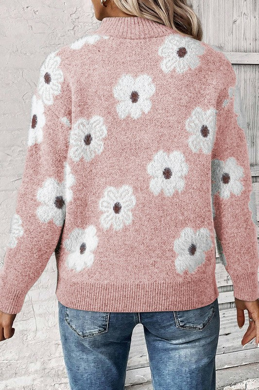 Amelia | Vintage 60s floral pattern sweater with half zip collar