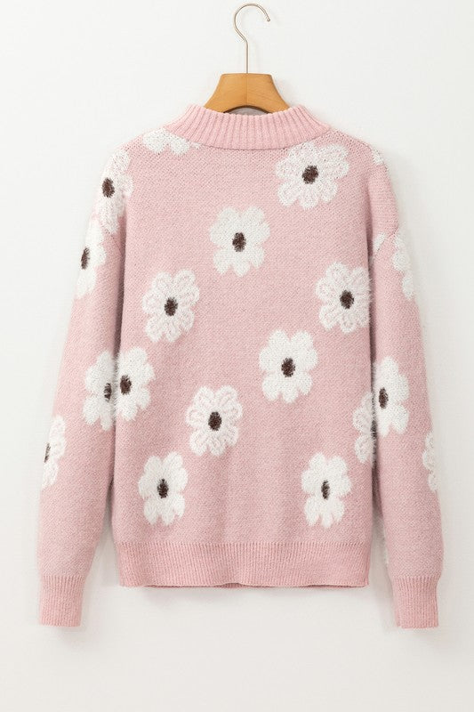 Amelia | Vintage 60s floral pattern sweater with half zip collar