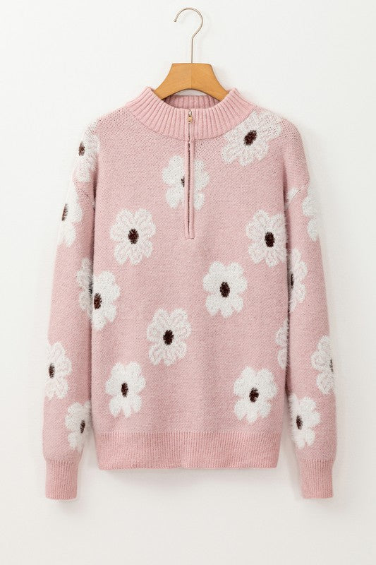 Amelia | Vintage 60s floral pattern sweater with half zip collar