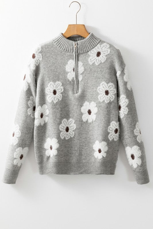 Amelia | Vintage 60s floral pattern sweater with half zip collar