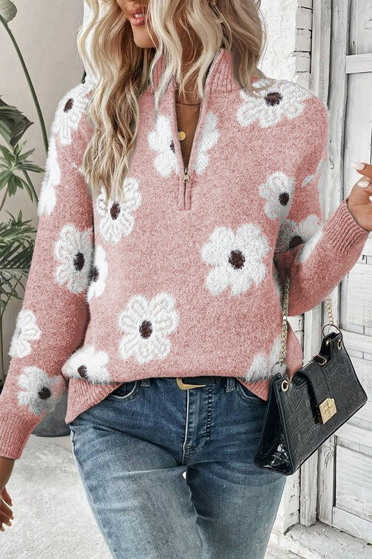 Amelia | Vintage 60s floral pattern sweater with half zip collar