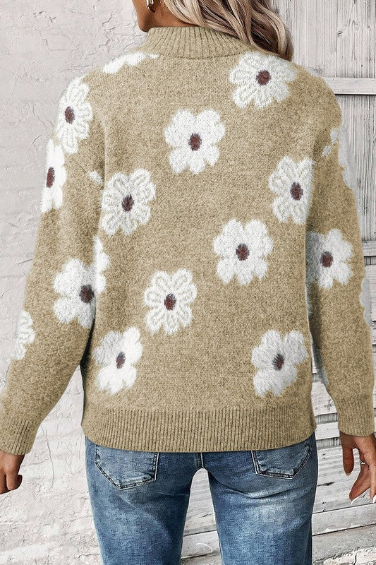 Amelia | Vintage 60s floral pattern sweater with half zip collar
