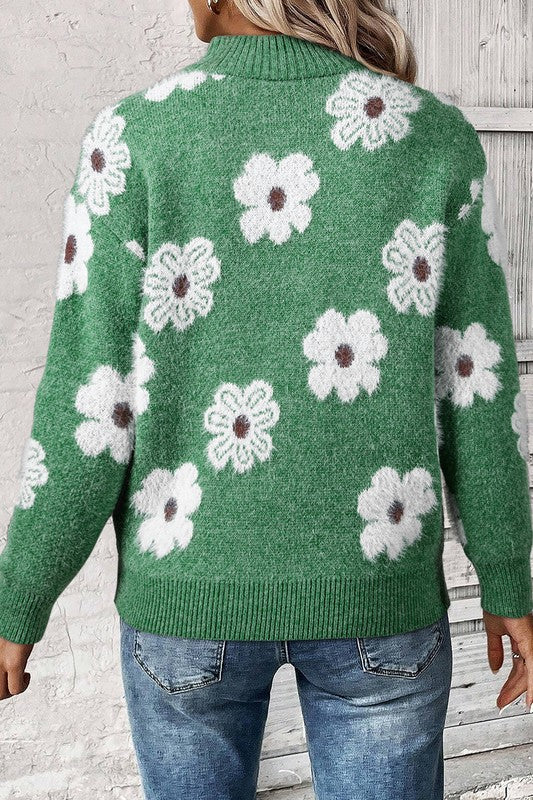 Amelia | Vintage 60s floral pattern sweater with half zip collar