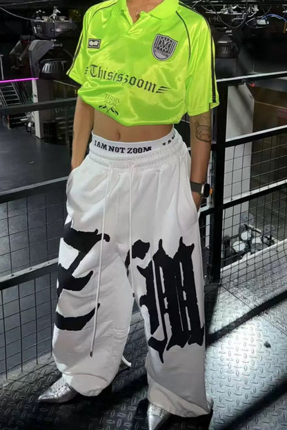 Drapey Letter Graphic Drawcord Curved Sweat Pants