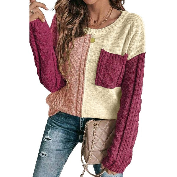 Antonia | Women's color block sweater with patch pockets on the shoulder