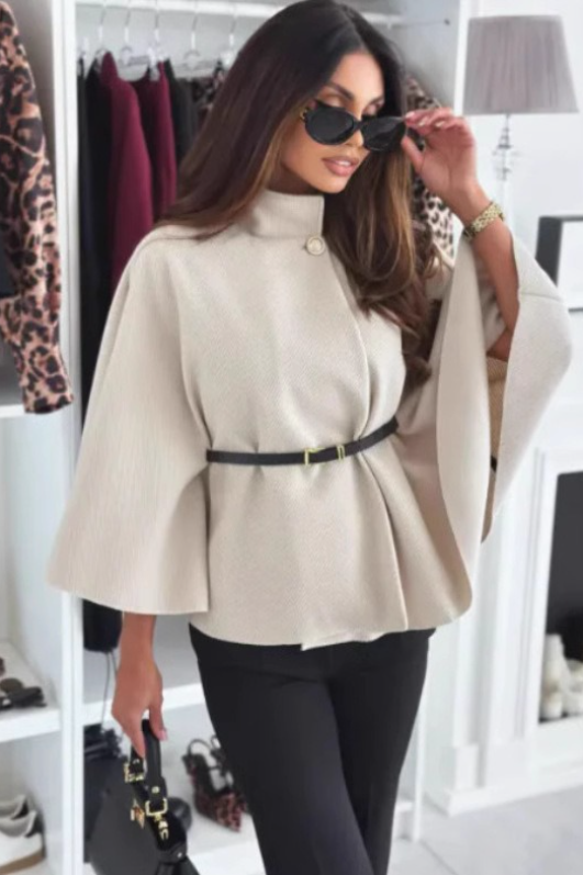 Solid Waist Tie Elegant Chic Wool Cape Coat