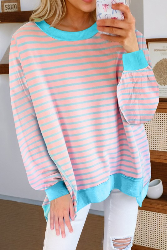 Isis | High-low pullover sweatshirt with stripes and contrast trim